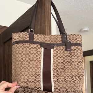 Coach Brown Signature Stripe Messenger Tote in Tan and Chocolate